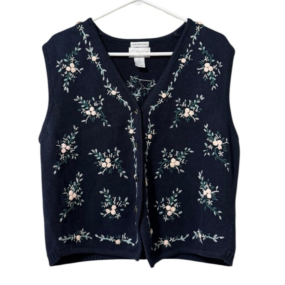 Christopher & Banks Women Size Large Sweater Vest Embroidered Floral GrandmaCore